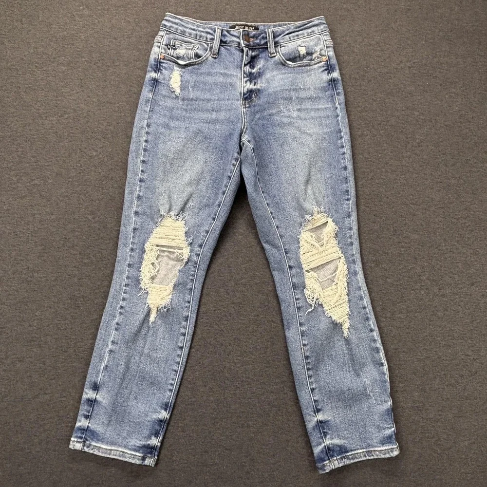 Judy‎ Blue Jeans Womens 5/27 28x27 Blue Distressed Boyfriend High Rise Stretch